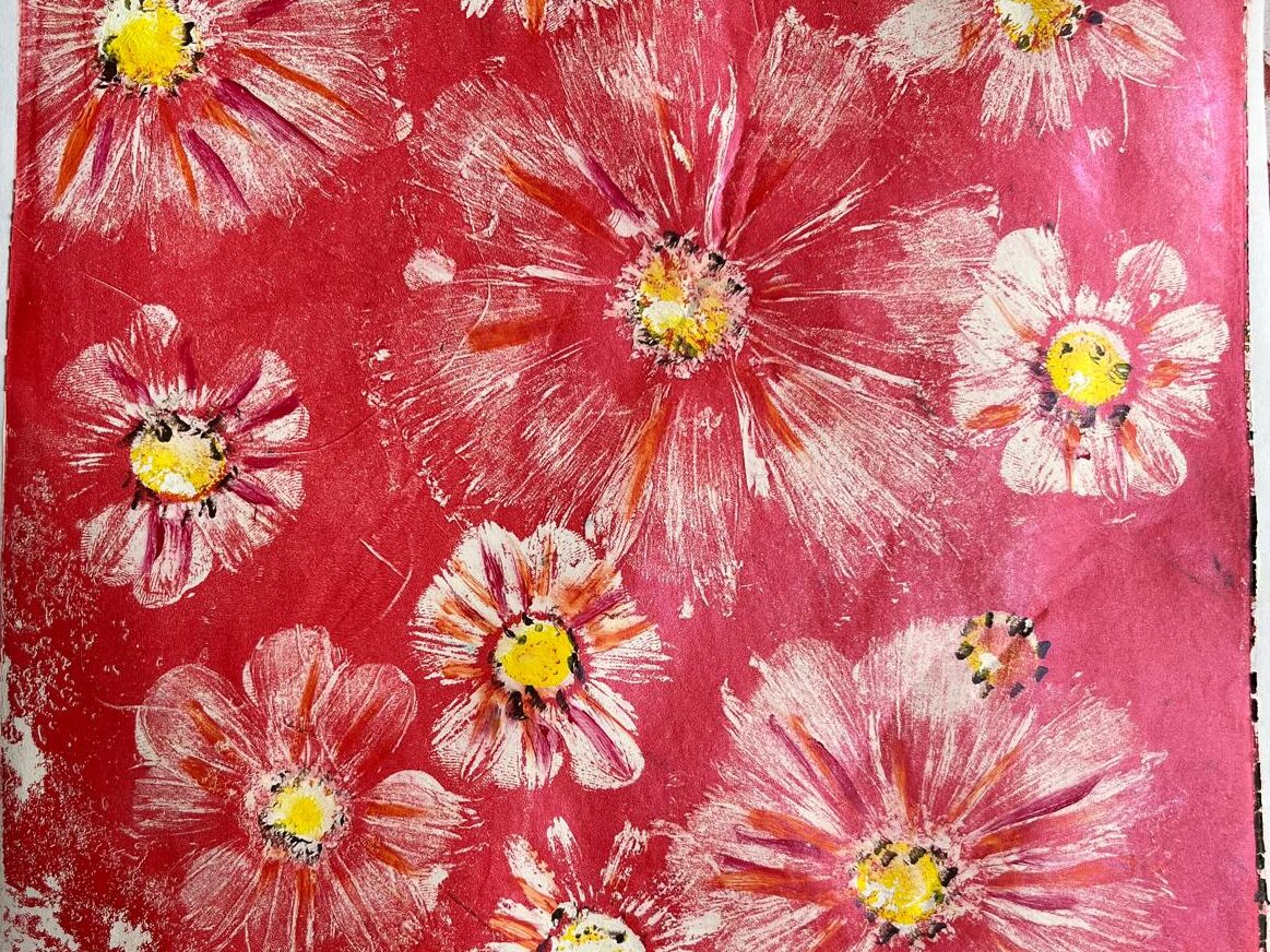 Gelli print of flowers in red and yellow